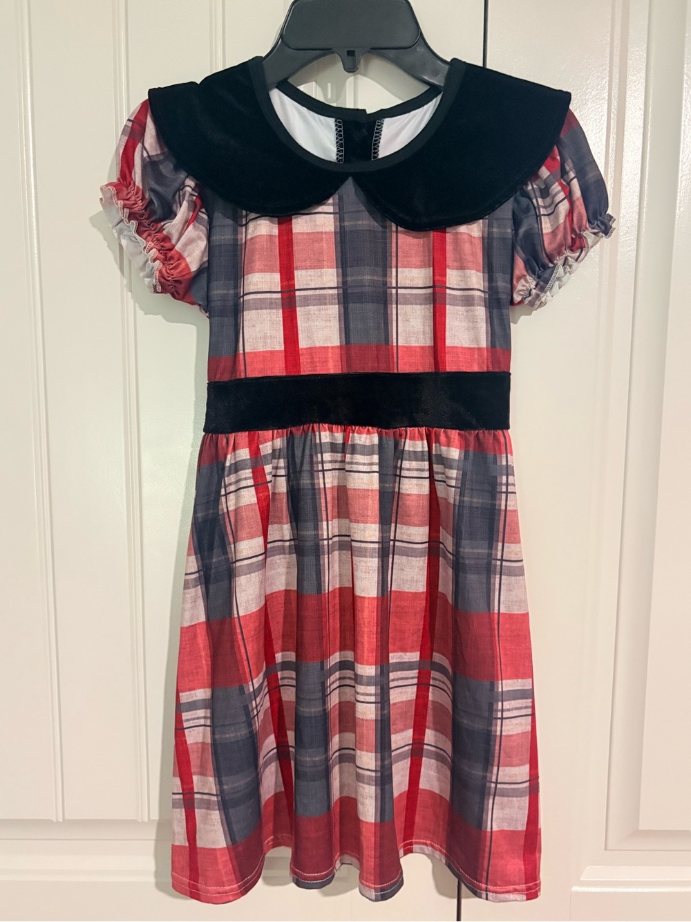 Girls Red and Black Plaid Dress with Black Velvet Collar and Belt NWT